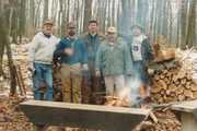 Camping in the late 80's the 
weekend before bear season in the
Allegheny National Forest. 
Northern Forest County, PA. 
Left to right: Steve Gingery, Paul
Blauser, Darrell Blauser, myself,
and Jamie Blauser